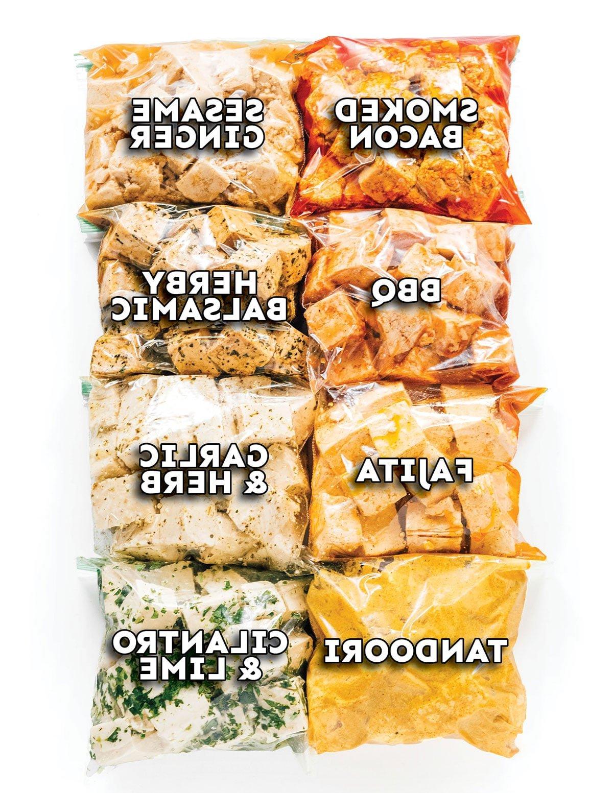 Wie man Tofu mariniert (8 Geschmacksrichtungen!) 2 Tofu-Beutel in 8 verschiedenen Marinaden-Geschmacksrichtungen.