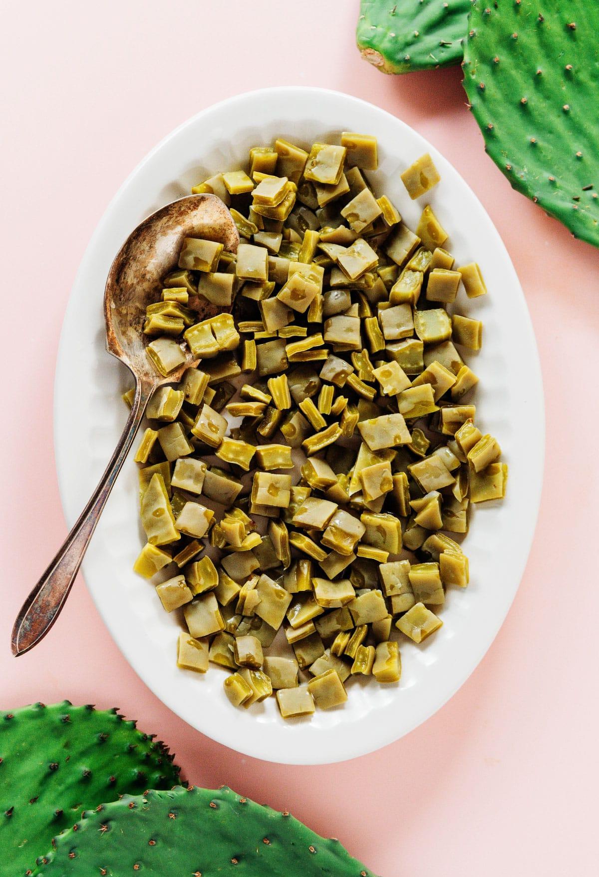 Nopales zubereiten (Kaktusblätter!) 2 Gewürfelte, gekochte Nopales auf einer weißen Platte mit einem Servierlöffel