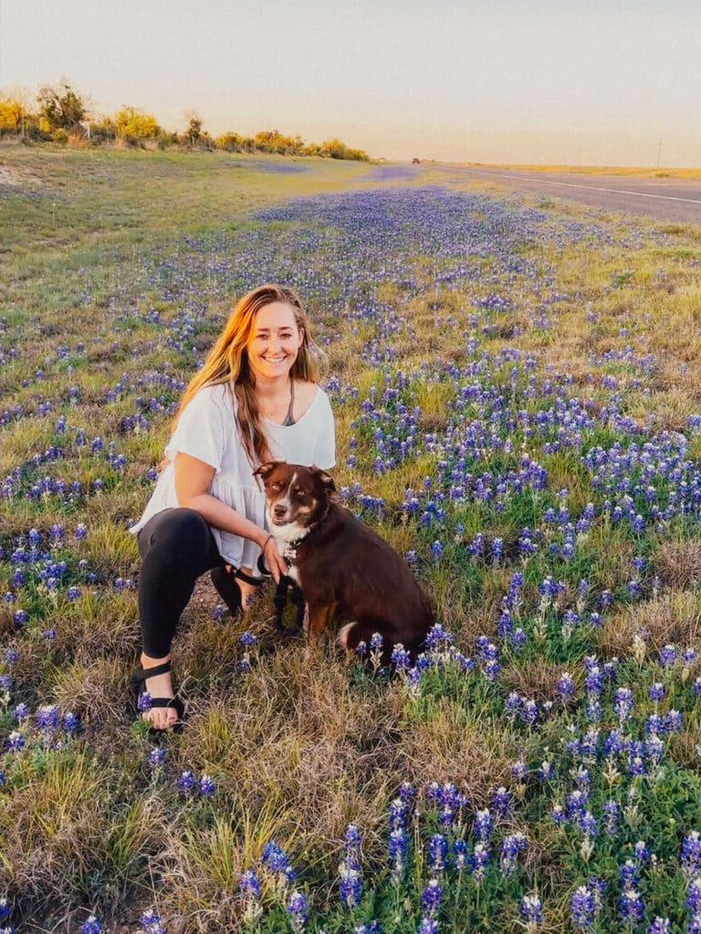 Lasst uns plaudern: April 2023 12 Hund Rhubarb in einem Feld blühender Blue Bonnets