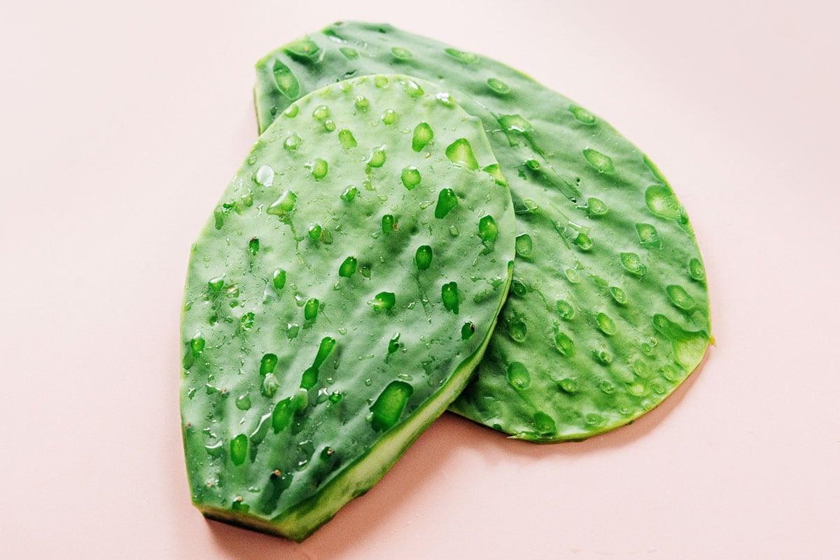 Zwei frische grüne Kaktuspaddel, auch Nopales genannt, liegen auf einer hellen Oberfläche mit sichtbaren Feuchtigkeitstropfen, bereit für Ihr nächstes Rezept oder um zu lernen, wie man Nopales perfekt kocht.