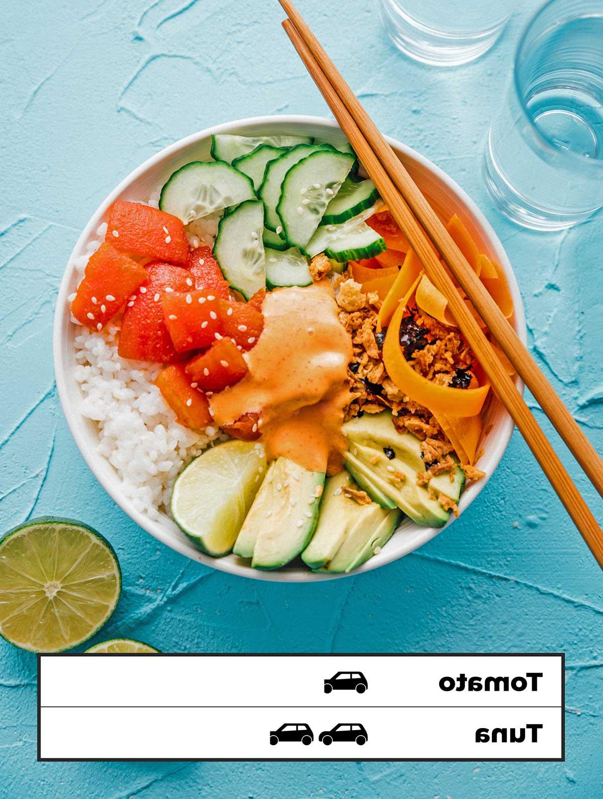 13 Rezepte zur Reduzierung deines CO2-Fußabdrucks 17 Tomaten-Thunfisch-Sushi-Bowl zur Reduzierung des CO2-Fußabdrucks