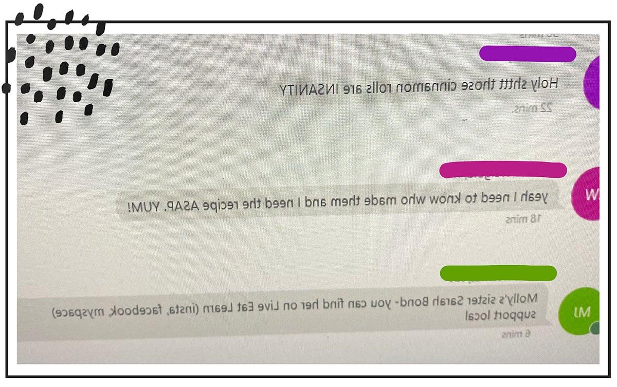 Süßkartoffel-Zimtschnecken 3 Gruppenchat-Nachrichten über die leckeren Zimtschnecken.