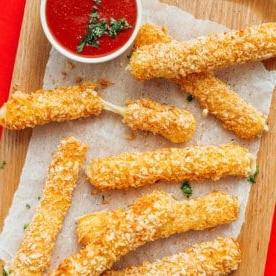 Closeup of mozzarella sticks.