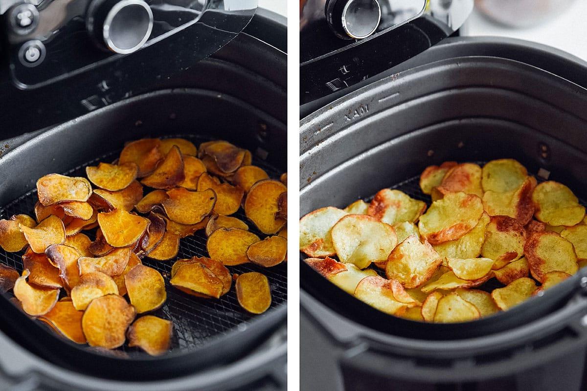 Nebeneinander Fotos zeigen rohe Heißluftfritteuse-Kartoffeln als Kartoffelchips im Korb links und perfekt gekochte, knusprige Chips rechts.