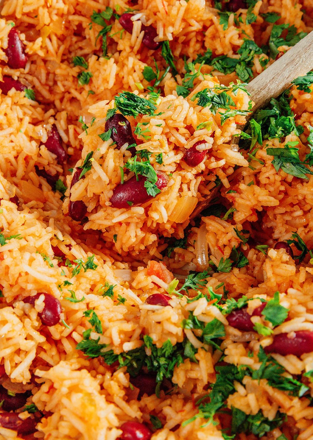 Vegetarische 31-Tage-Herausforderung 36 Spanischer Reis und Bohnen Nahaufnahme.
