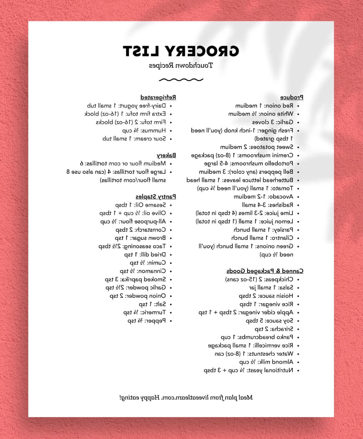 Essensplan: Touchdown-Rezepte 5 Mockup eines vegetarischen Essensplans mit Einkaufsliste.