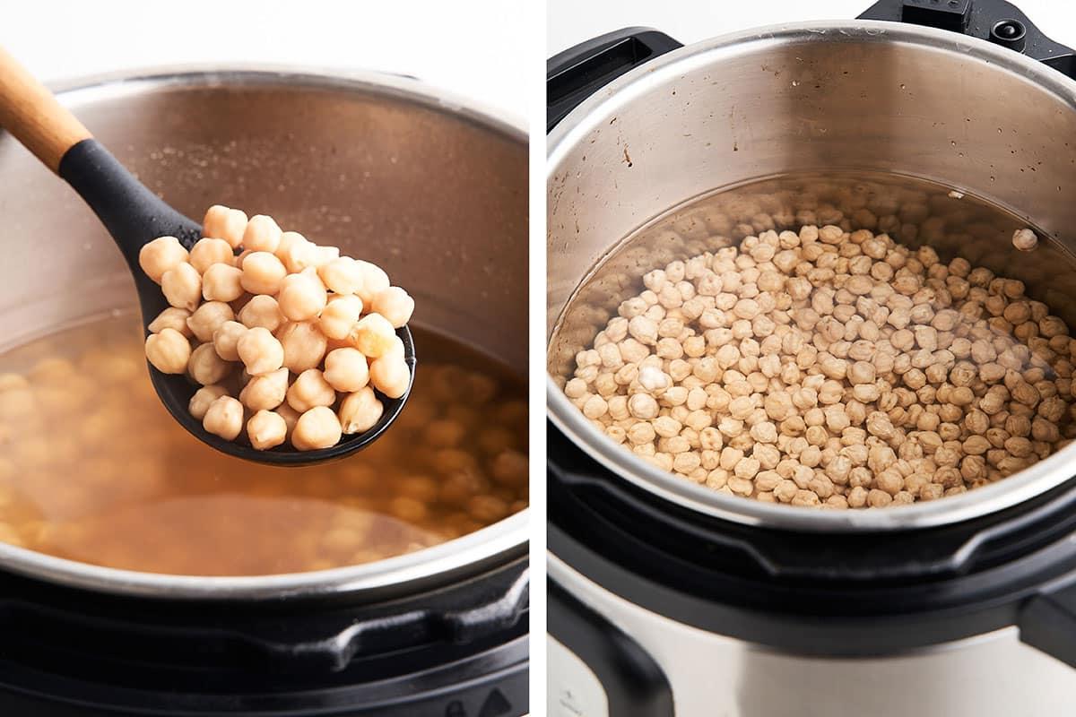 Geteilte Bild: Linke Seite zeigt, wie man getrocknete Kichererbsen im Instant Pot mit Wasser kocht. Rechte Seite zeigt gekochte Kichererbsen, die mit einem Löffel abgeschöpft werden.