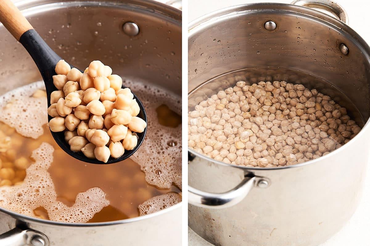 Nebeneinander angeordnete Bilder: Links ein Topf mit trockenen Kichererbsen, die in Wasser eingeweicht werden, rechts ein Topf, der das perfekte Ergebnis Ihrer getrockneten Kichererbsenrezeptur zeigt, wobei eine gekochte Kichererbse aus kochendem Wasser geschöpft wird.