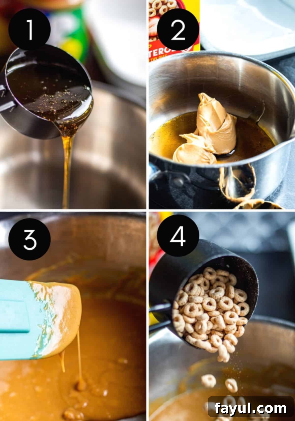 Four-step collage showing the process of making peanut butter cheerio bars: 1. Heating honey and peanut butter. 2. Adding Cheerios. 3. Mixing. 4. Pressing into pan.
