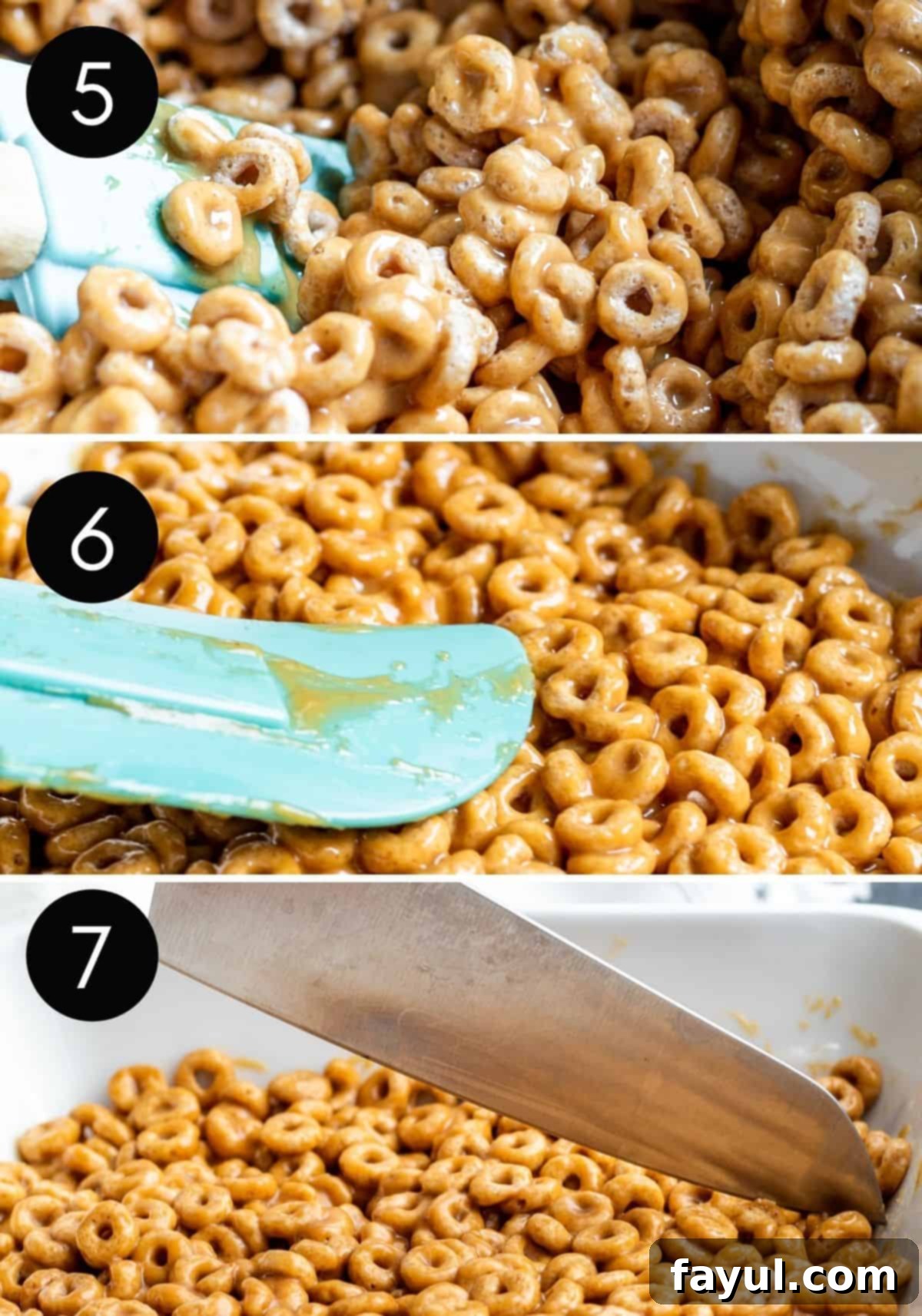Three-step prep collage showing peanut butter cheerio bars being mixed, pressed into a pan, and a finished bar being taken out.