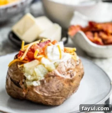 Baked potato on gray plate loaded with toppings.