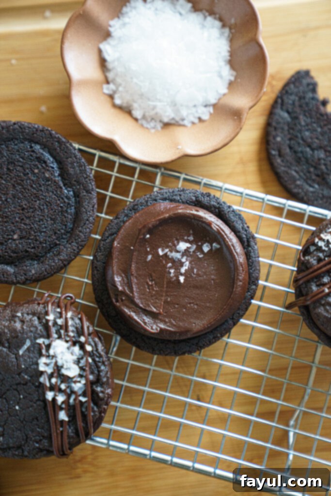 Stacked double chocolate cookie sandwiches