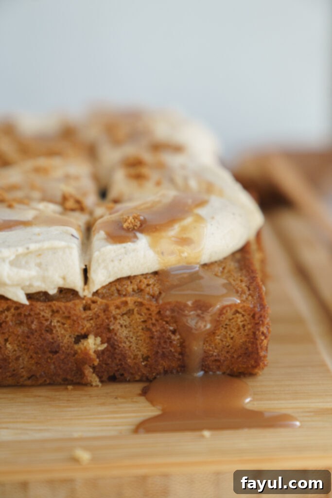 Close-up of frosted Caramel Biscoff Cake with caramel drizzle