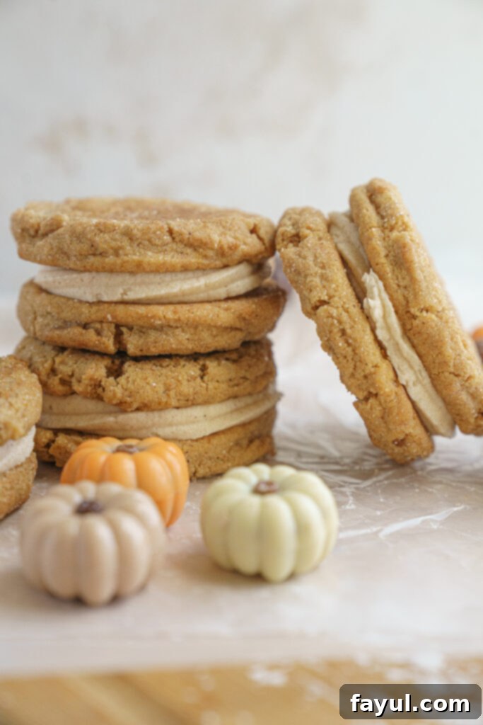 Stacked pumpkin sandwich cookies with creamy filling