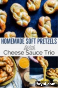 Pin for Homemade Soft Pretzels with Cheese Sauce Trio recipe. The image is a collage of multiple images. The top image is an overhead shot of many pretzels twists on a blue counter top. The shot is close up and some of the pretzel twists are out of focus. The bottom right picture is a 45 degree angle shot and has three types of cheese dips in a serving platter. There is a basket of pretzel twists and white towel out of focus in the background. There is a hand pulling a pretzel twist out of the middle bowl and a long cheese pull hanging down. The bottom left picture is an overhead shot with a basket of pretzel twists on the left and the three cheese platter on the right side. On the bottom is a white and blue plaid towel. In the center in bold text are the words "Homemade Soft Pretzels with Cheese Sauce Trio."