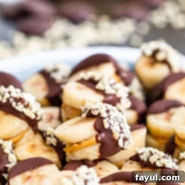 A plate filled with delicious frozen chocolate peanut butter banana bites, showcasing their smooth chocolate coating and a sprinkle of nuts.