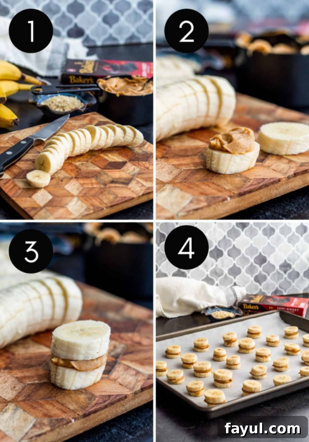 A four-panel image collage illustrating the first four steps of preparing frozen banana bites, from slicing bananas to assembling the peanut butter sandwiches.
