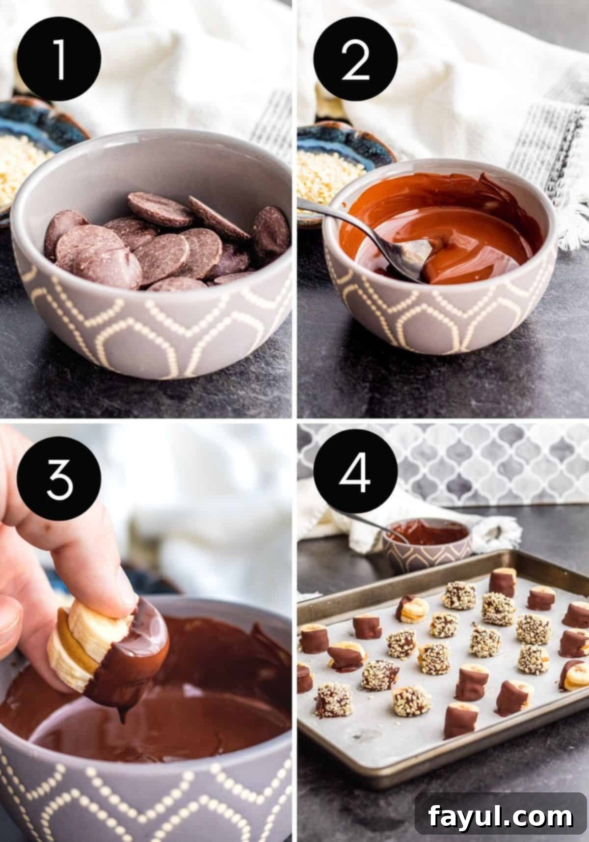 A four-panel image collage showing the process of dipping frozen banana bites into melted chocolate and adding nuts.