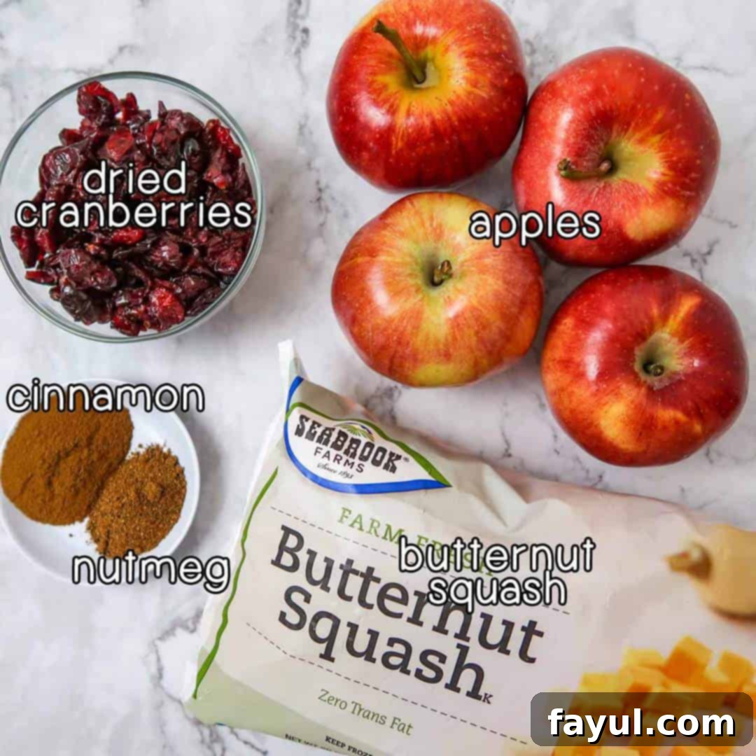 Overhead shot of ingredients- dried cranberries, apples, cinnamon, nutmeg, and butternut squash.