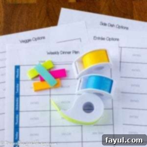 Overhead view of multiple papers with labels like weekly dinner plan and entree options, with colorful tape rolls on top. This image highlights the various components of the meal planning system.