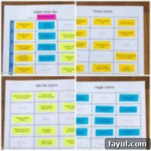 Four panel grid of colorful papers labelled Weekly Dinner plan, Entree Options, Side dish Options, and Veggie Options. This visual demonstrates the comprehensive nature of the dinner planner template.