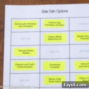 Close up of a paper labelled side dish options with multiple dishes written on sticky notes. This shows how meal components are organized for easy selection.