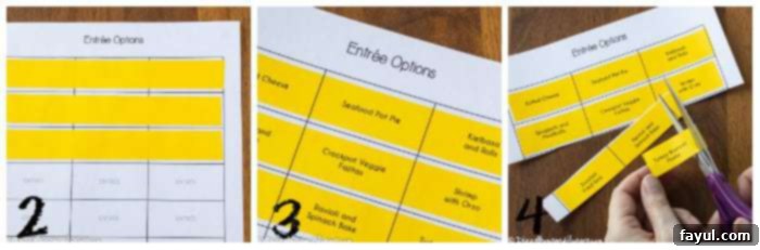Close up of a piece of paper labelled 'Entree Options' with adhesive strips applied, illustrating the alternative printing method for meal labels.