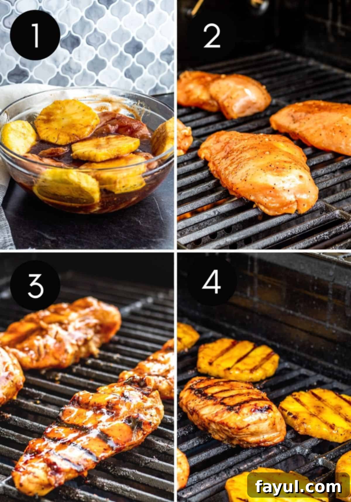 Four-image collage showing stages of chicken prep and grilling for Hawaiian BBQ chicken.