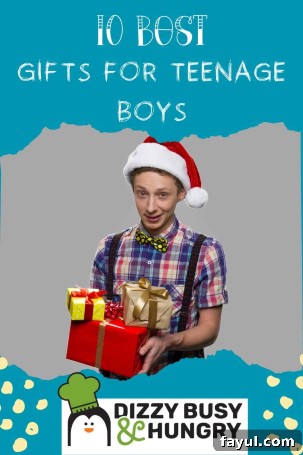 Teenage boy with Santa hat holding three Christmas gifts.