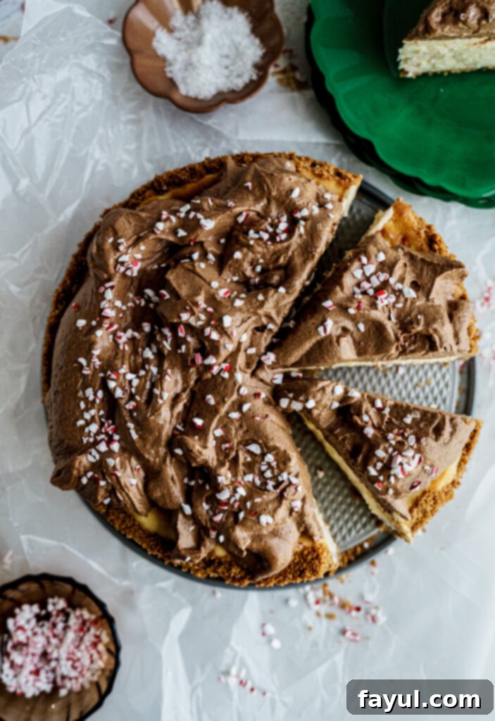 A beautifully sliced Peppermint Mocha Cheesecake ready to serve
