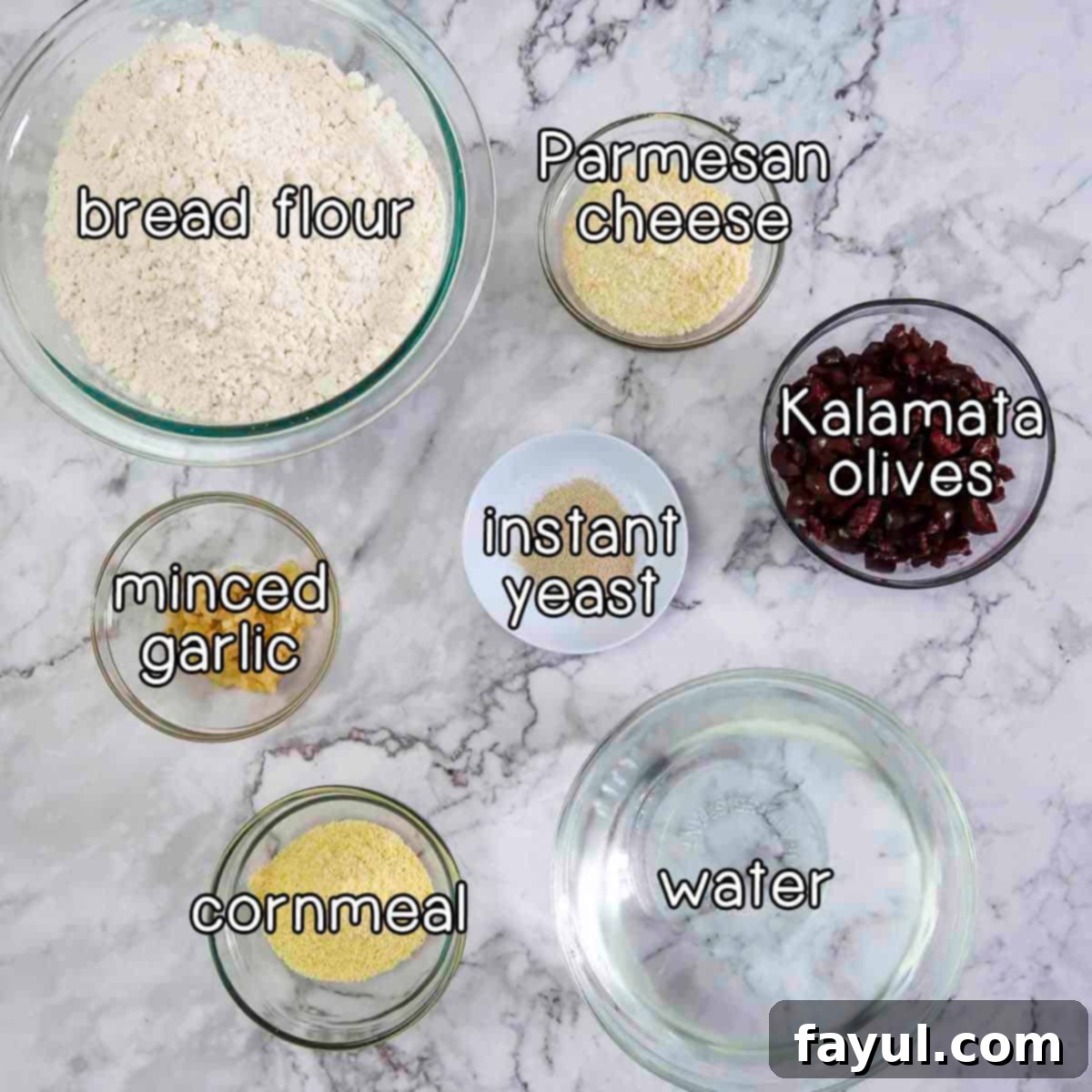 Overhead shot of all the simple ingredients laid out on a white surface: bread flour, grated Parmesan cheese, whole Kalamata olives, a packet of instant yeast, minced garlic, and a small bowl of cornmeal.