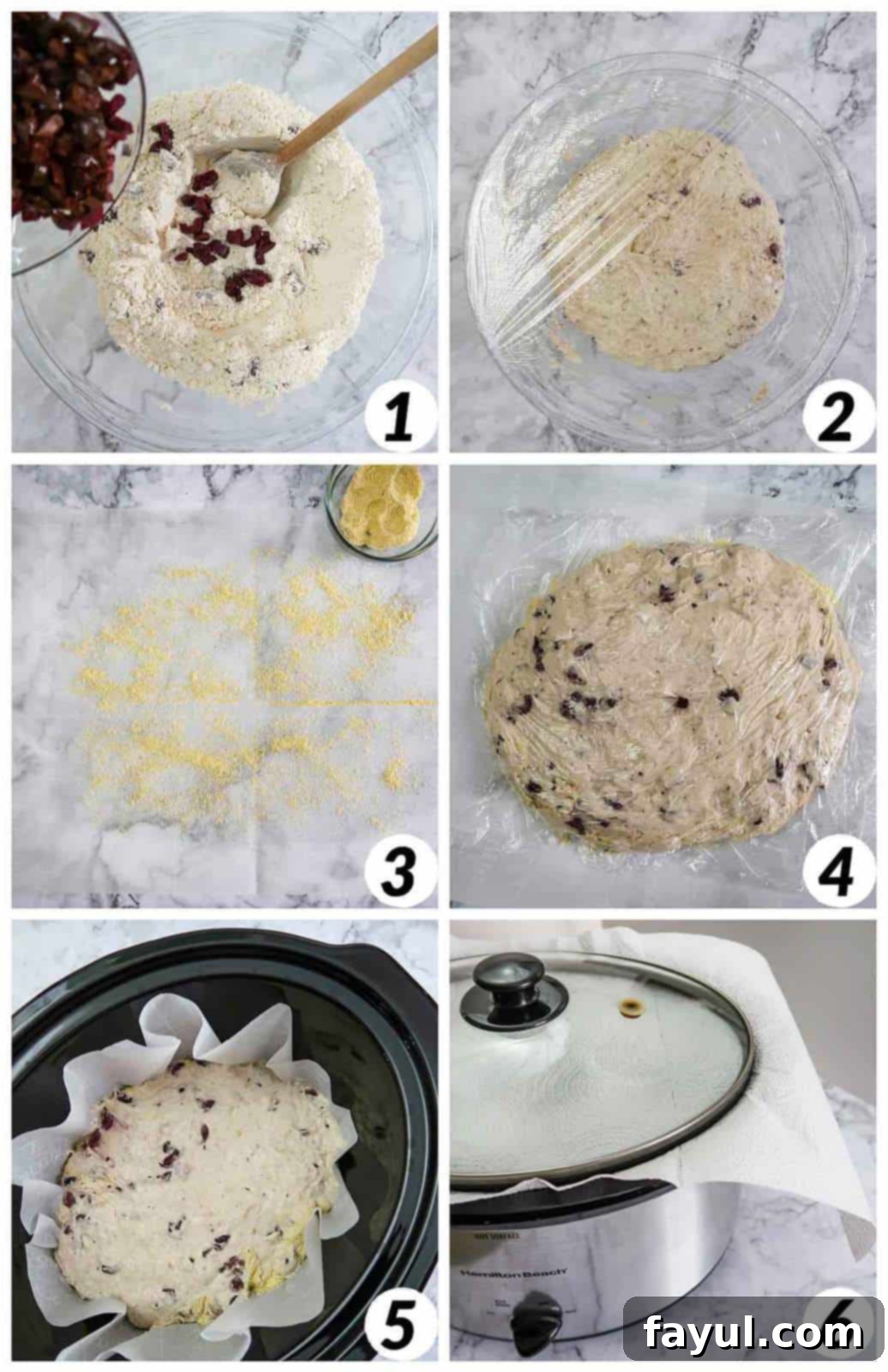 A six-panel collage showing the process of making slow cooker olive bread: 1. Combining dry ingredients. 2. Adding water to form sticky dough. 3. Dough resting in a bowl. 4. Dough shaped on parchment paper. 5. Dough with parchment in the slow cooker with paper towels. 6. The finished golden-brown loaf.