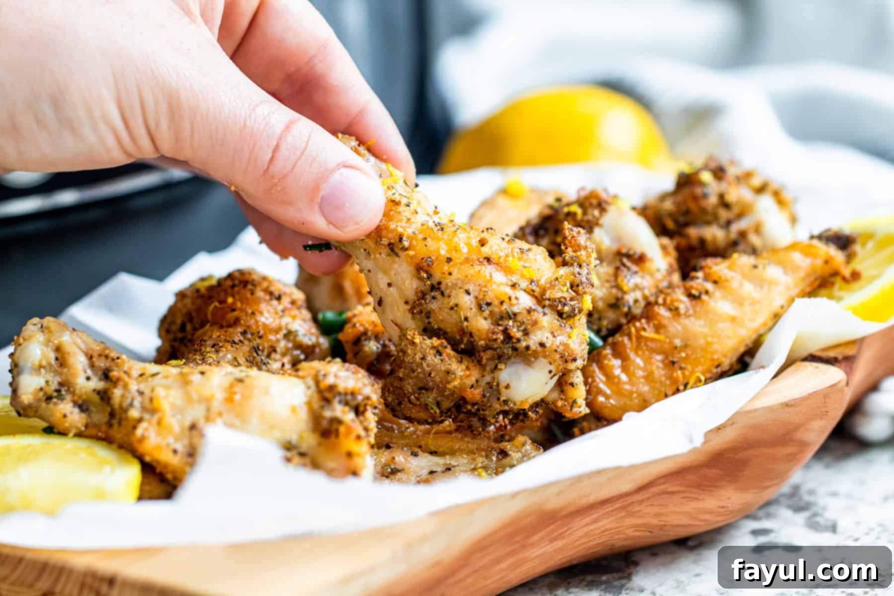 Crispy Air Fryer Lemon Pepper Chicken Wings 5 Hand picking up chicken wing from pile.