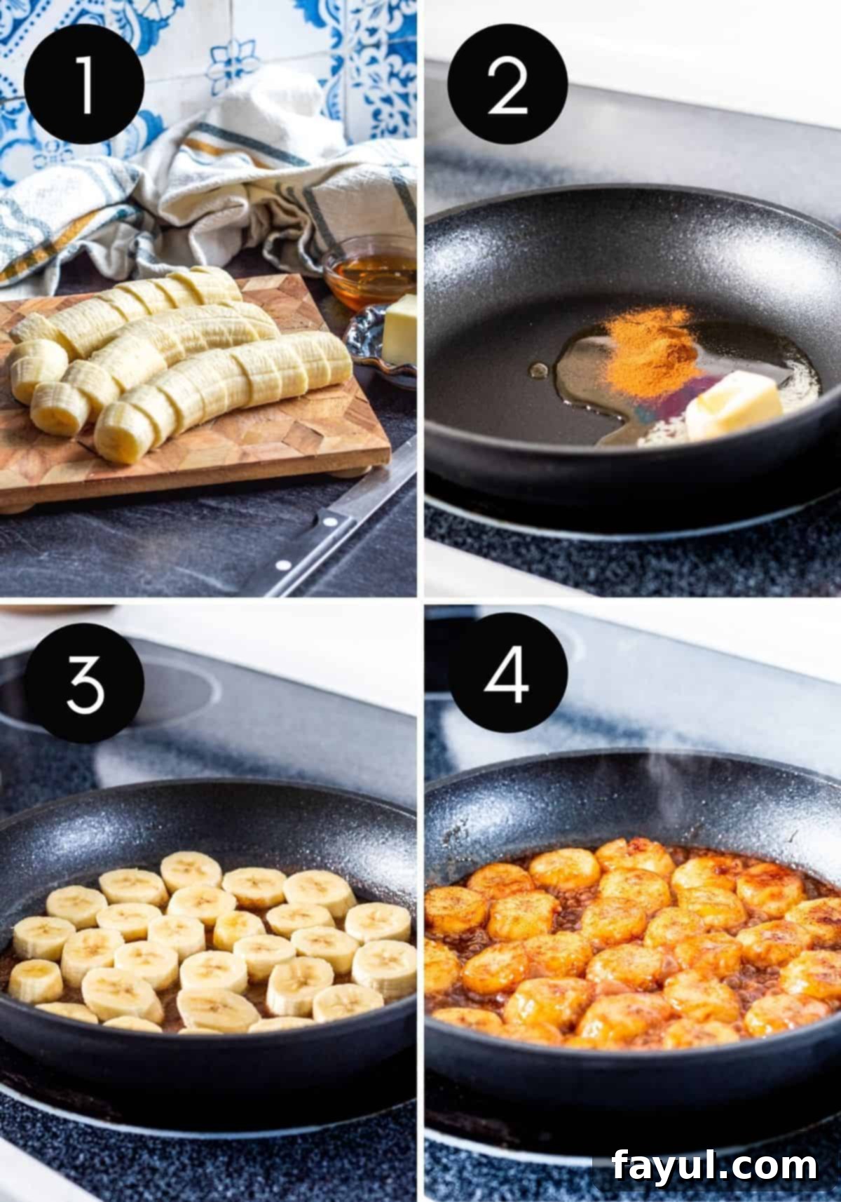 Four image prep collage showing sliced bananas and bananas being fried in pan.