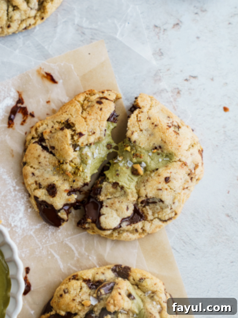 Delicious Brown Butter Pistachio Chocolate Chip Cookies with a gooey center