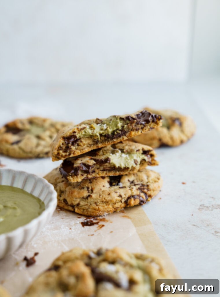 Stacked Brown Butter Pistachio Chocolate Chip Cookies with melted chocolate and pistachio butter