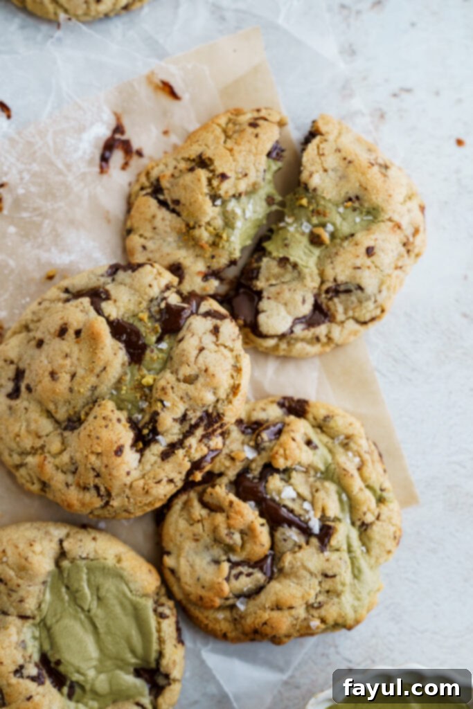 Individual Brown Butter Pistachio Chocolate Chip Cookie on a cooling rack
