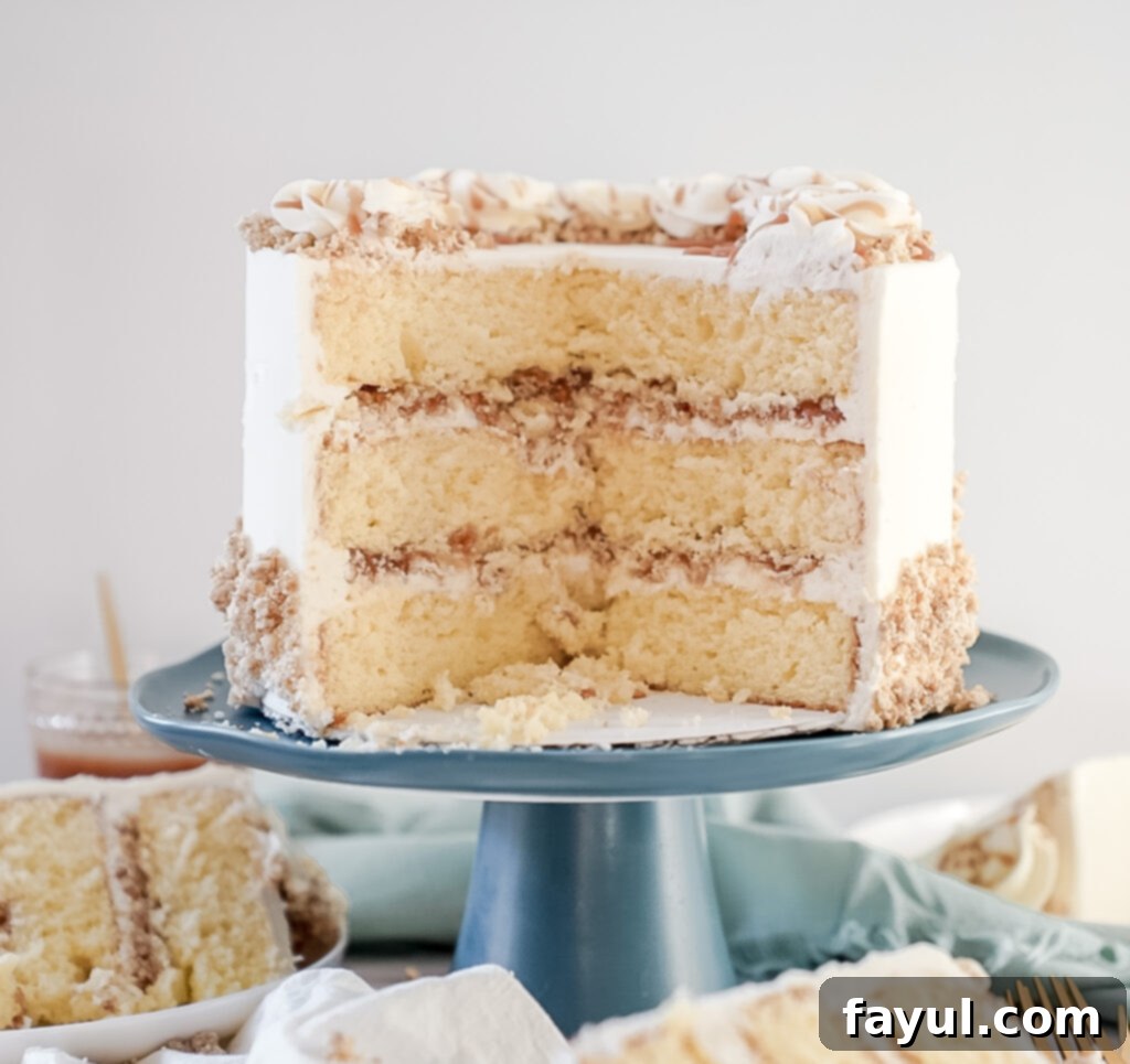 Another perspective of the delicious White Chocolate Caramel Pretzel Cake slice