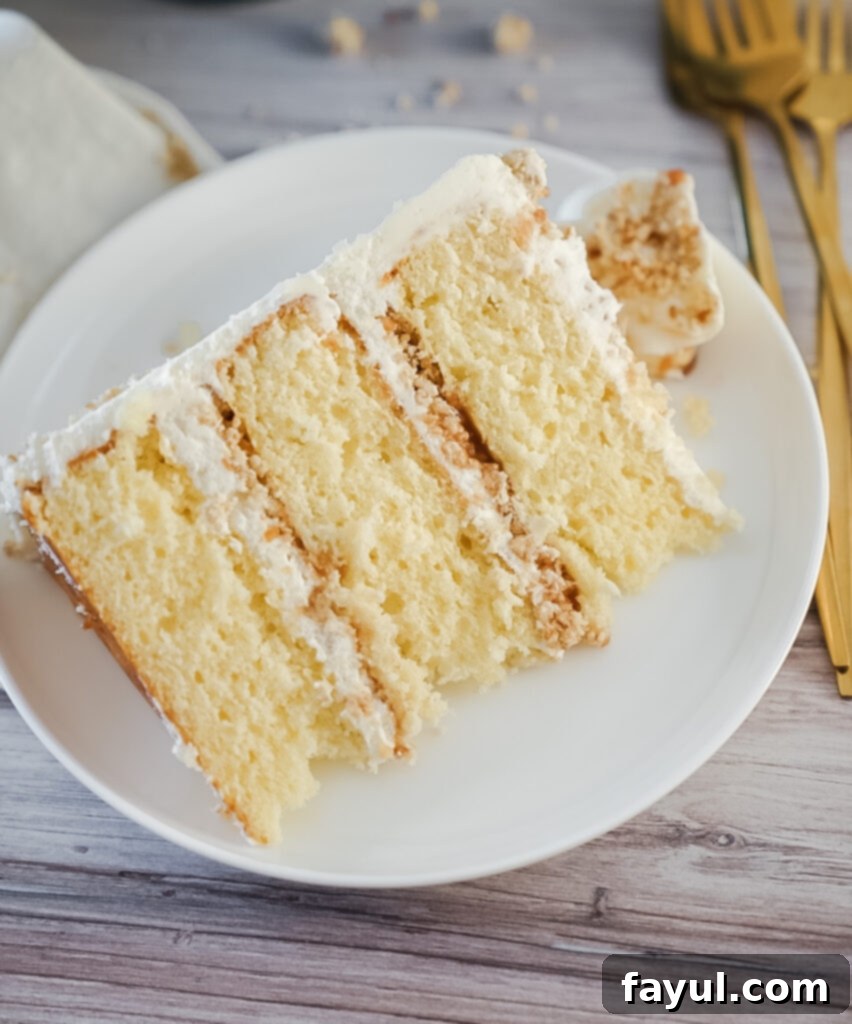 Full view of the assembled White Chocolate Caramel Pretzel Cake, ready to be served