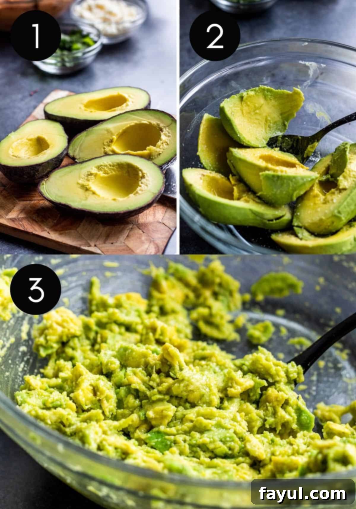 Crispy Vegetarian Tostadas with Bright Cilantro Lime Slaw 4 Three prep images showing avocados being prepped.