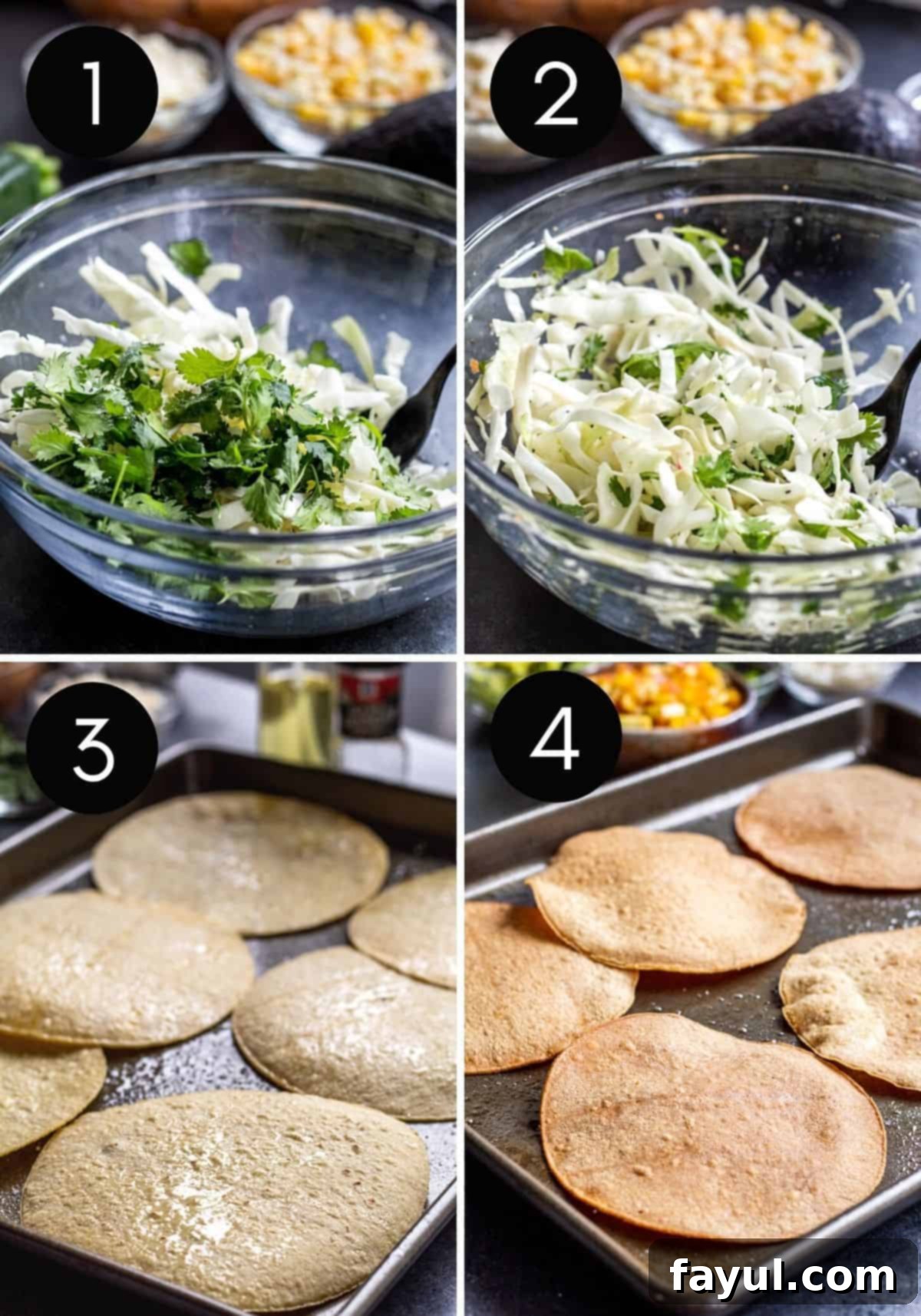 Crispy Vegetarian Tostadas with Bright Cilantro Lime Slaw 5 Four prep images with numbers showing slaw and tostadas being made.