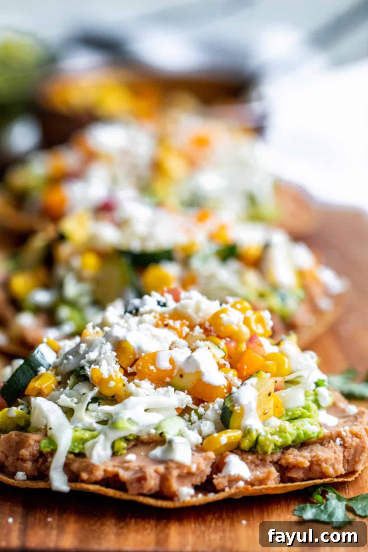 Crispy Vegetarian Tostadas with Bright Cilantro Lime Slaw 8 Strait on shot of veggie tostadas in line.