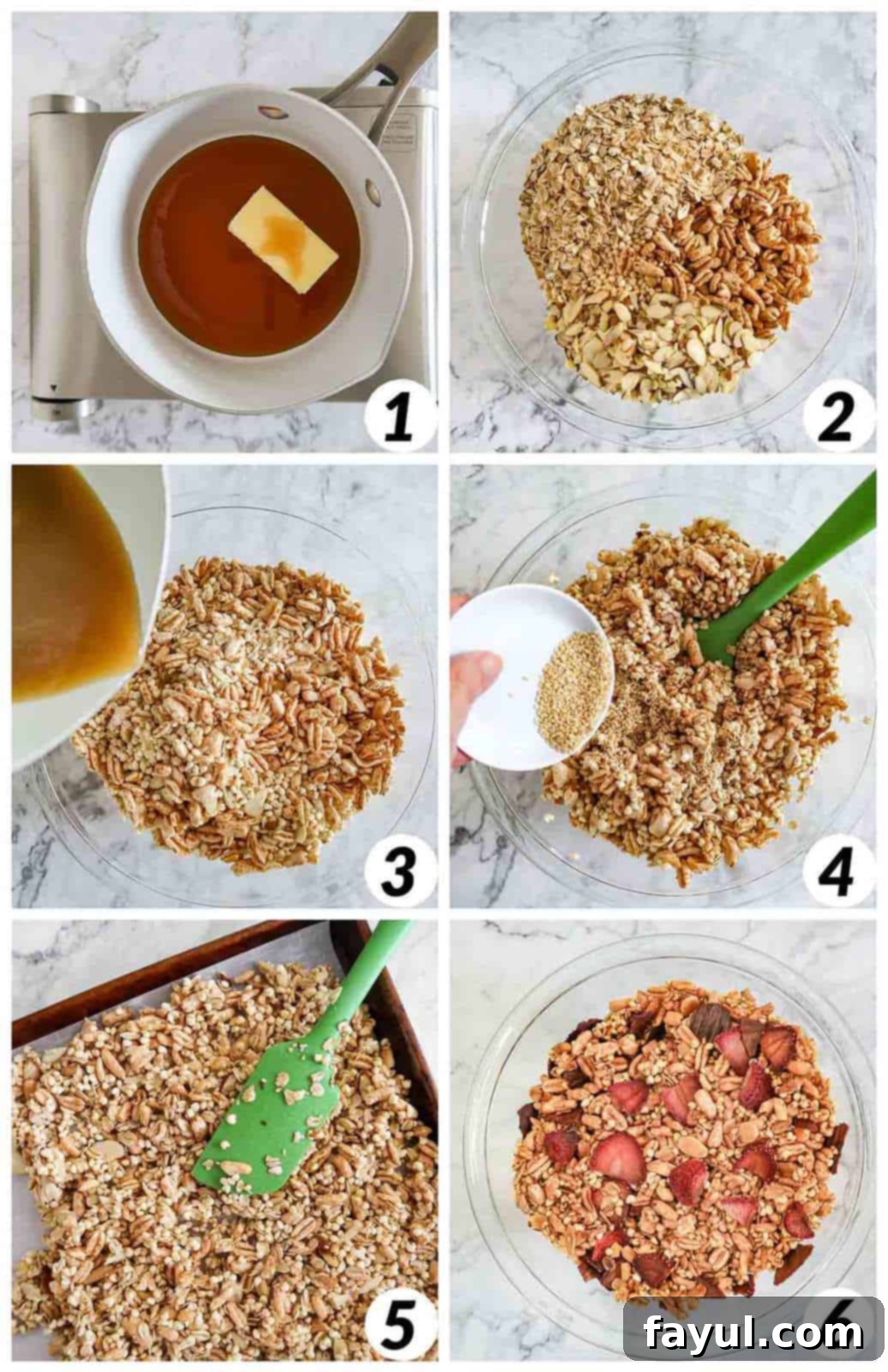 Double Strawberry Granola Delight 4 Six-panel collage showing the process of making strawberry granola: melting butter and syrup, mixing wet and dry ingredients, spreading granola on a baking sheet, and finally, the finished granola with dried strawberries.