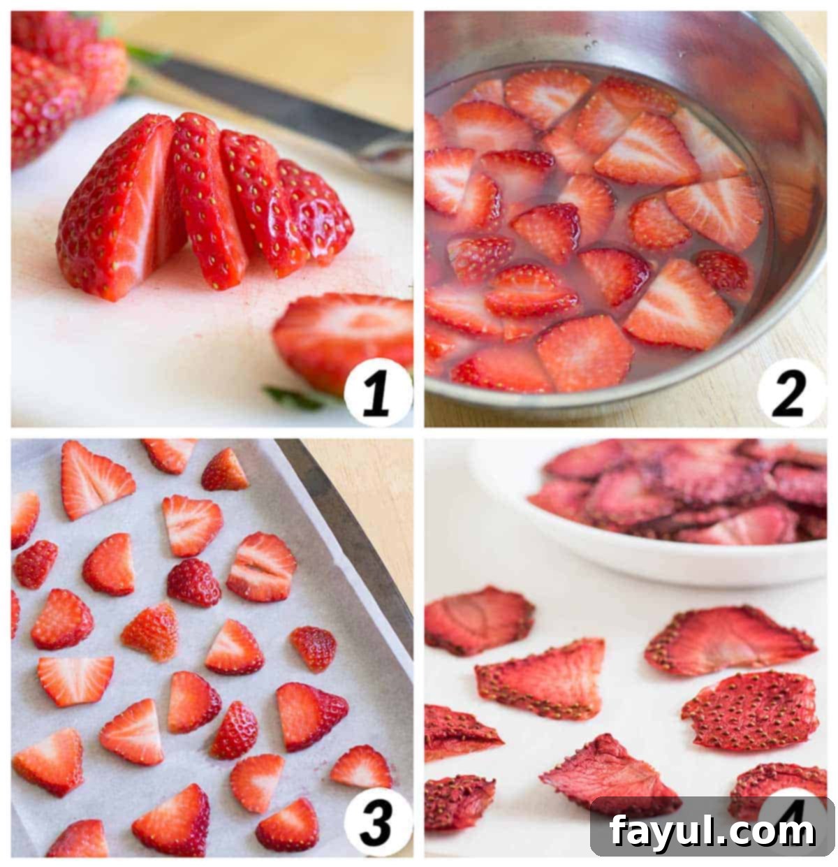 Four panel grid illustrating the process of dehydrating strawberries: slicing fresh strawberries, soaking them in lemon water, arranging them on a baking sheet, and finally, the strawberries drying in the oven.