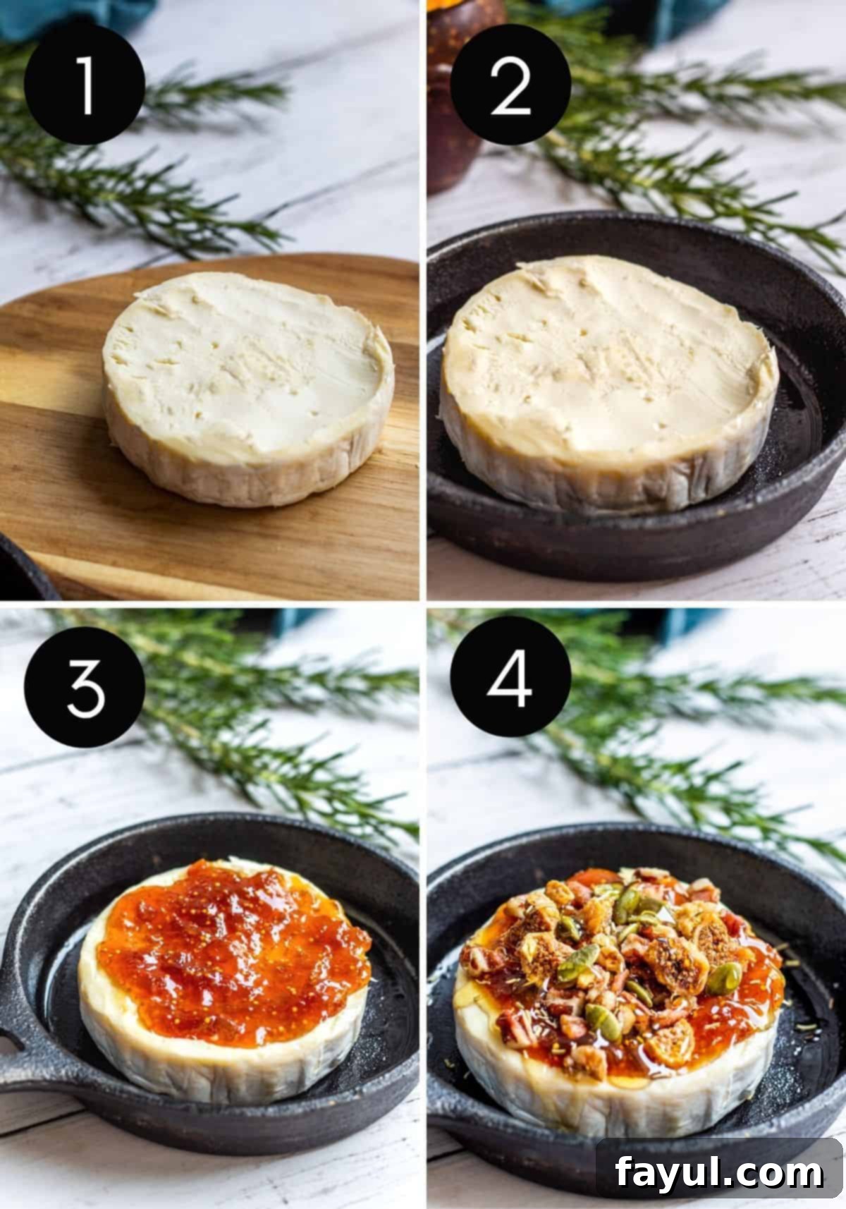 Four prep image collage showing brie being prepped and baked.