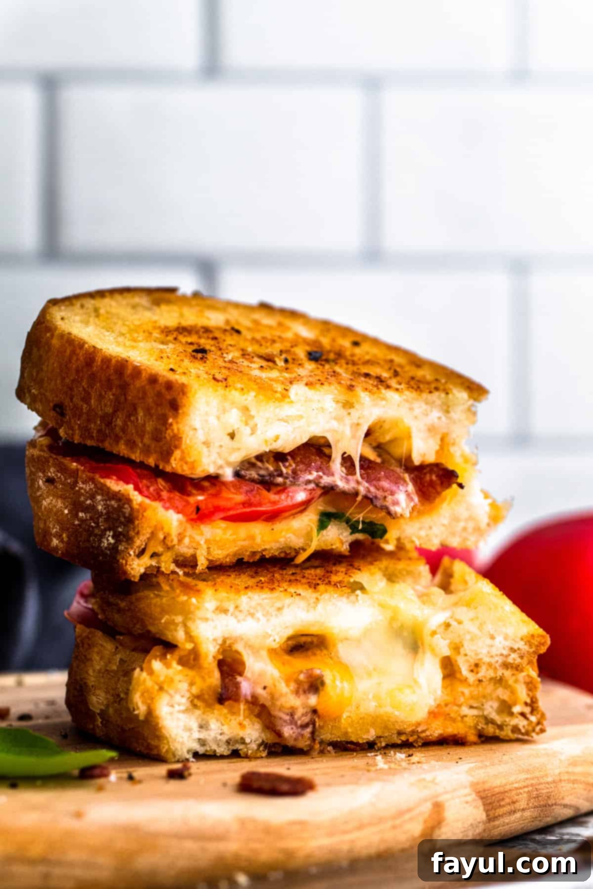 Stack of two crispy tomato bacon grilled cheese sandwiches on a rustic wooden cutting board, ready to be enjoyed.