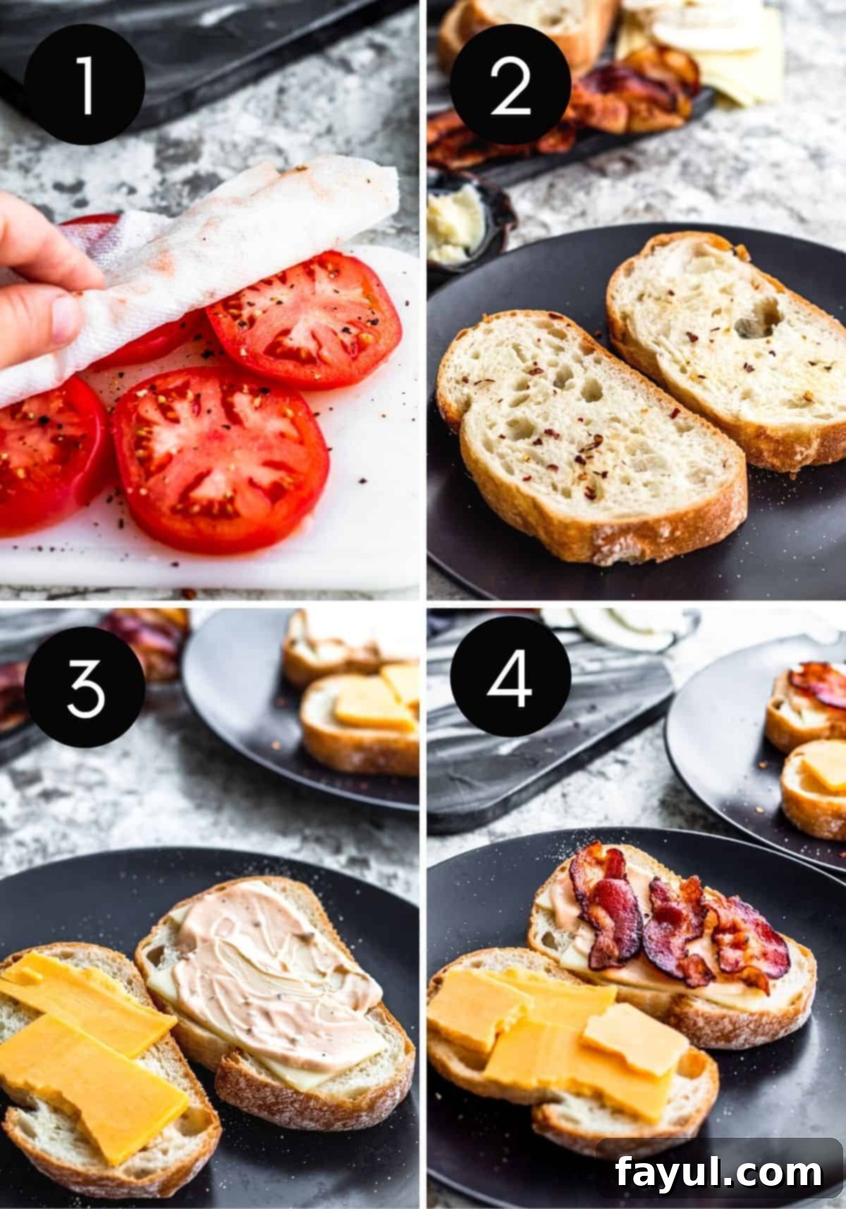 Four image prep collage showing tomatoes being prepped, sandwich assembled, and cooking process.