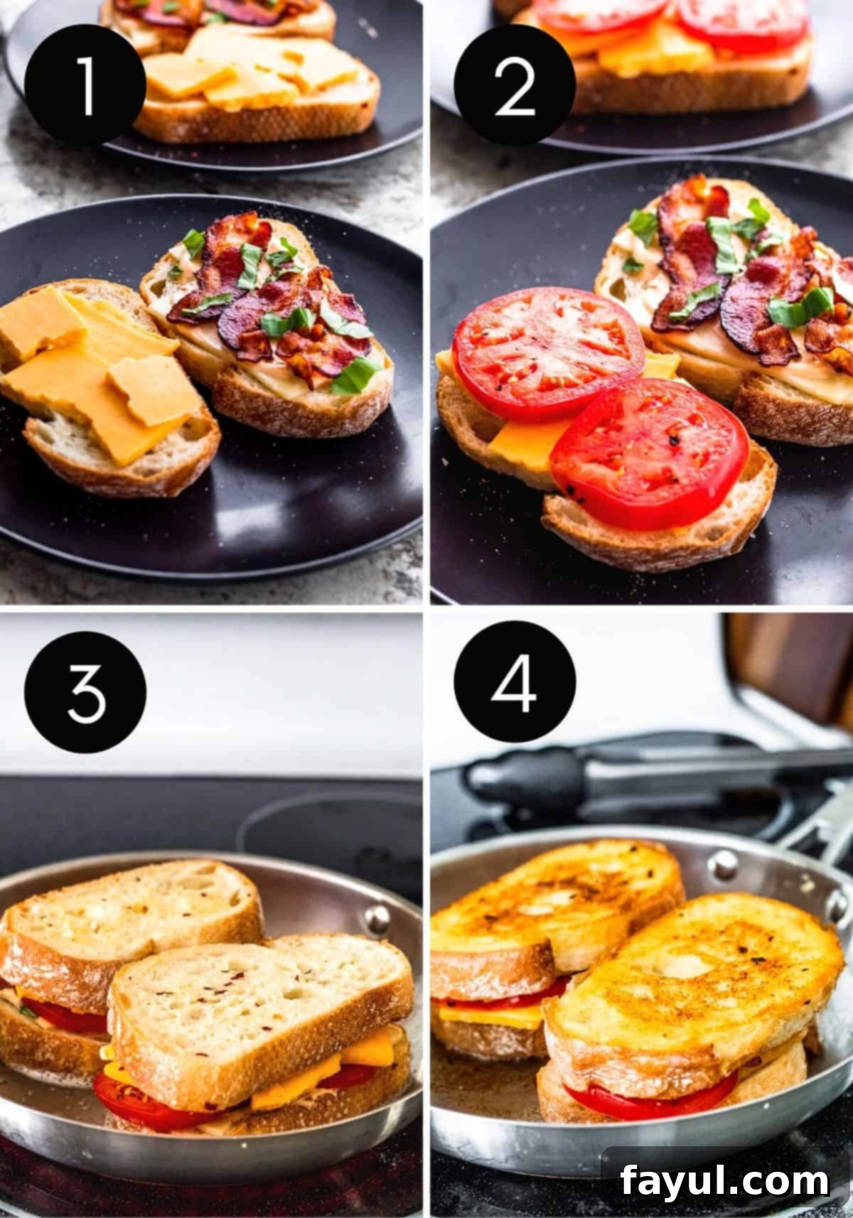 Four image collage with numbers showing finished grilled cheese and prep/cooking steps.