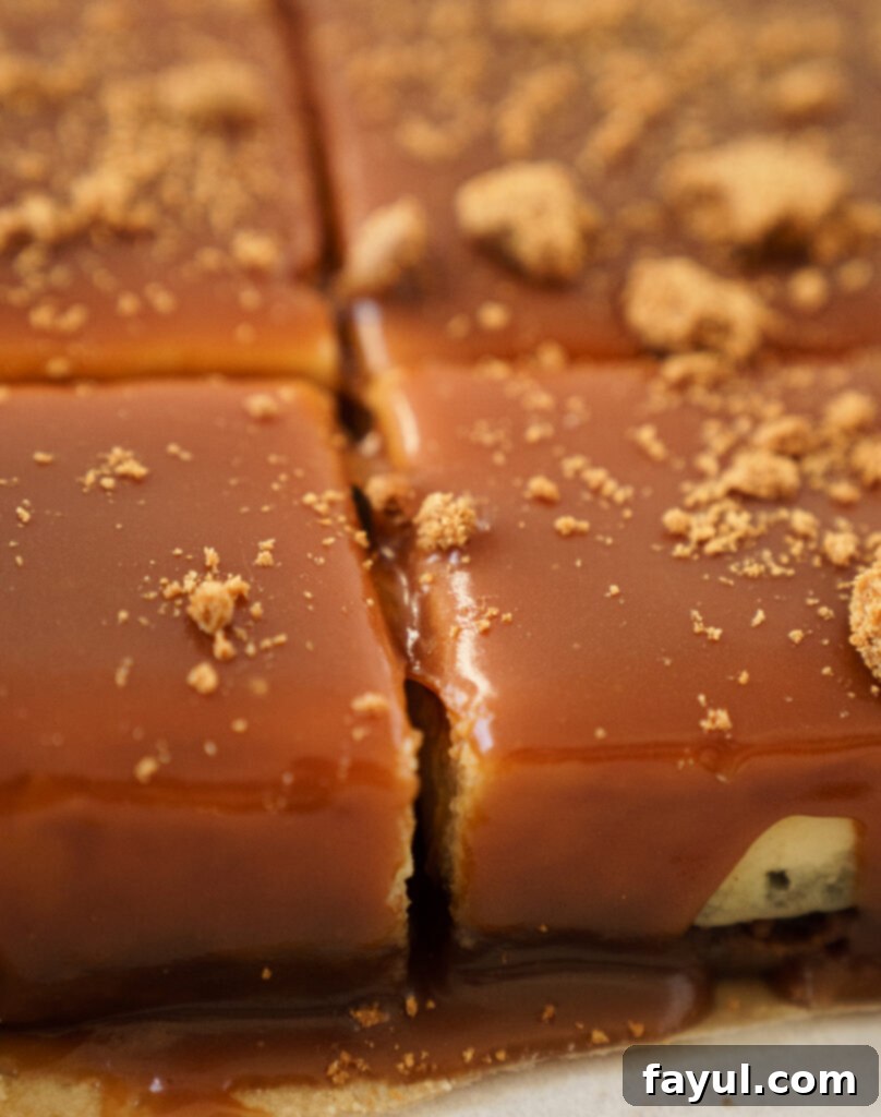 Stacked slices of Salted Caramel Biscoff Cheesecake Bars on a wooden board.