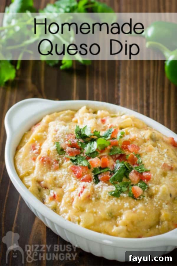 Side shot of homemade queso dip in an oval dish garnished with chopped cilantro and diced tomato.